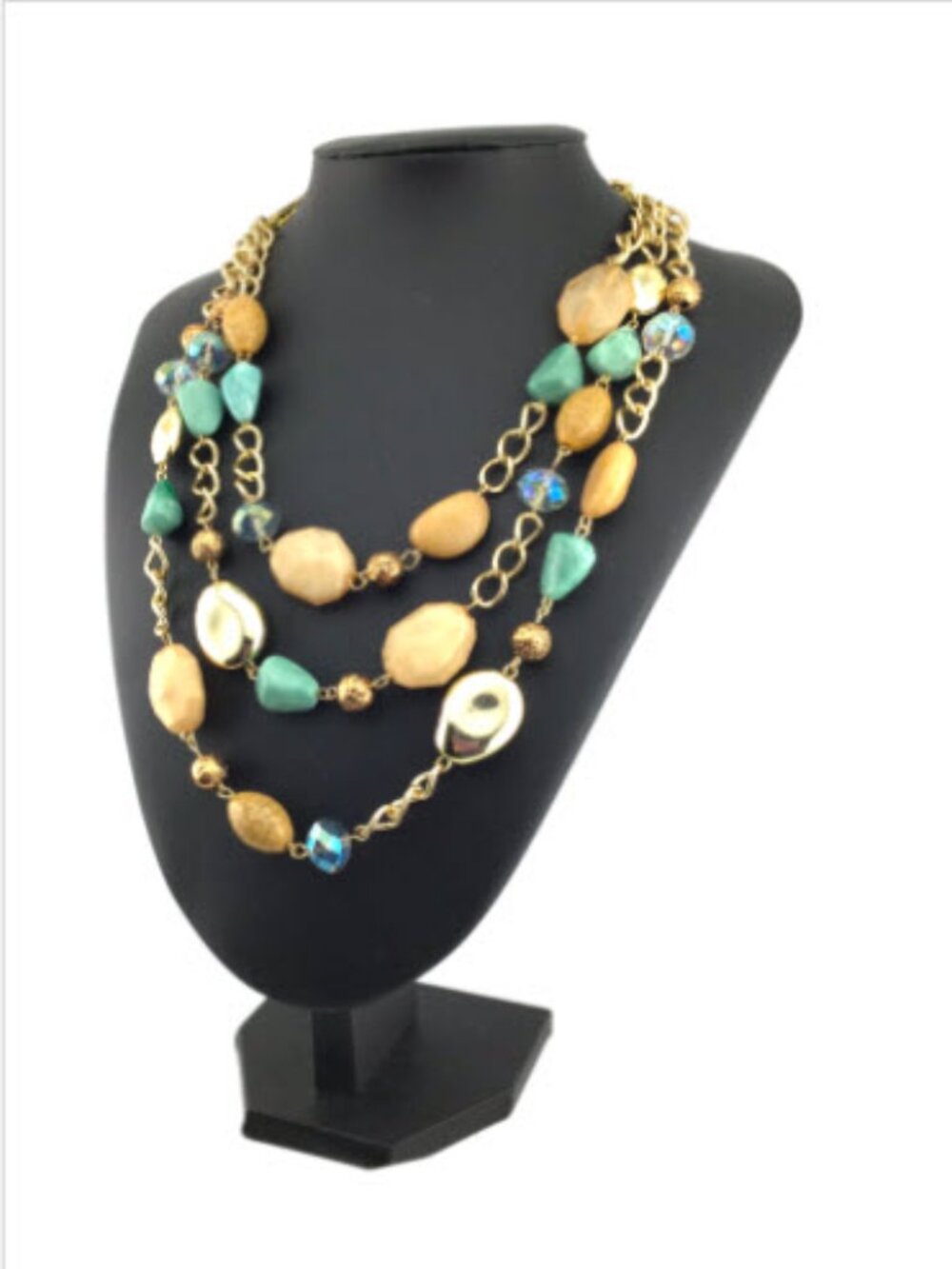 Vintage Layered Beaded Necklace Gold Tone Blue Green Cream Boho Resort Statement - Picture 5 of 10